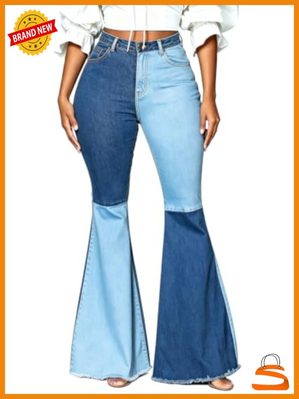 Elastic High Waisted Raw Hem Bell Bottom Jeans Flared Denim Pants Vintage